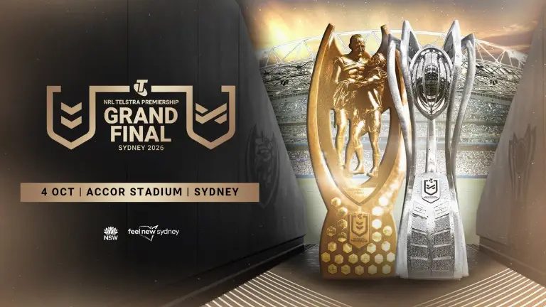 Event artwork: 2026 NRL & NRLW Telstra Premiership Grand Final — Accor Stadium — Sydney Olympic Park — 4 October 2026