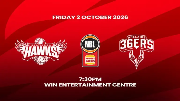 Event artwork: 2026-27 Hungry Jacks NBL Season - Illawarra Hawks v ADELAIDE 36ERS — WIN Entertainment Centre — Wollongong — 2 October 2026