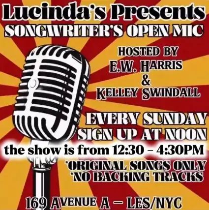 Event artwork: Sunday Songwriter's Open Mic Every Week at Lucinda's — Lucinda's — New York — 27 September 2026
